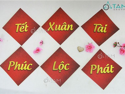 Bộ 6 tờ giấy Decal đỏ dán Tết in chữ Vintage số 01